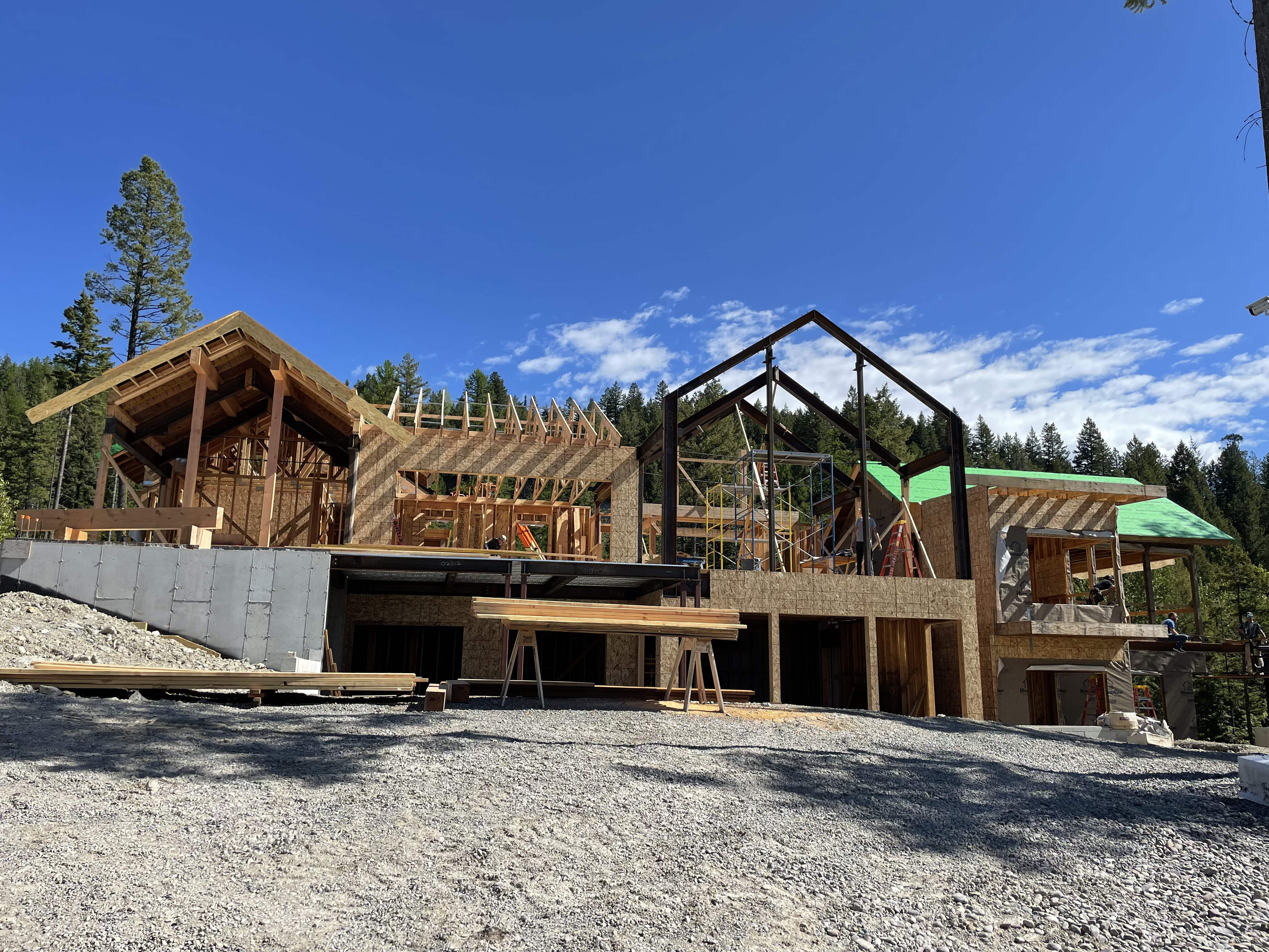 Wooden roof framing at a construction site