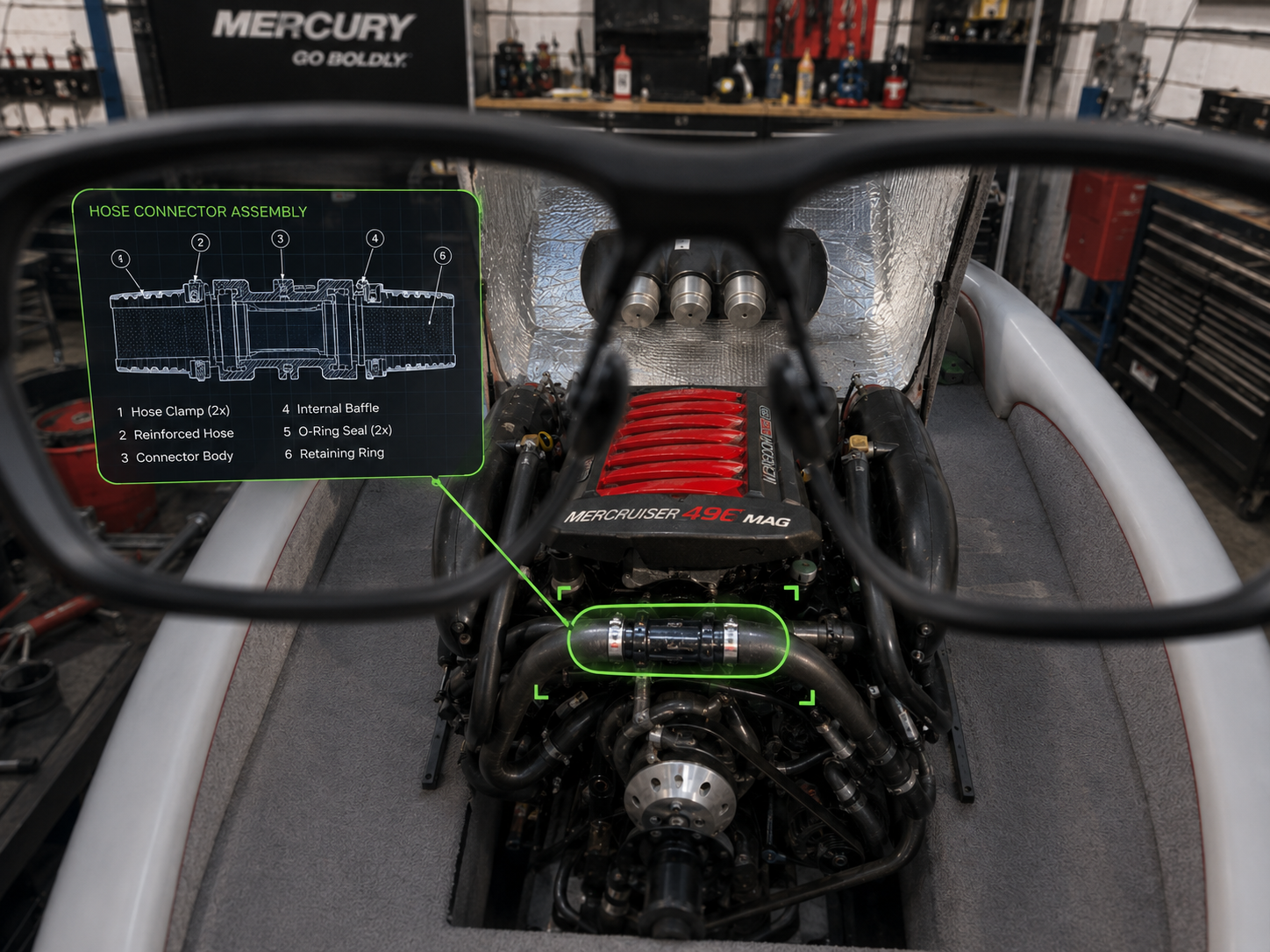First-person view through smart glasses showing an AR blueprint of a hose connector assembly overlaid on a marine engine.